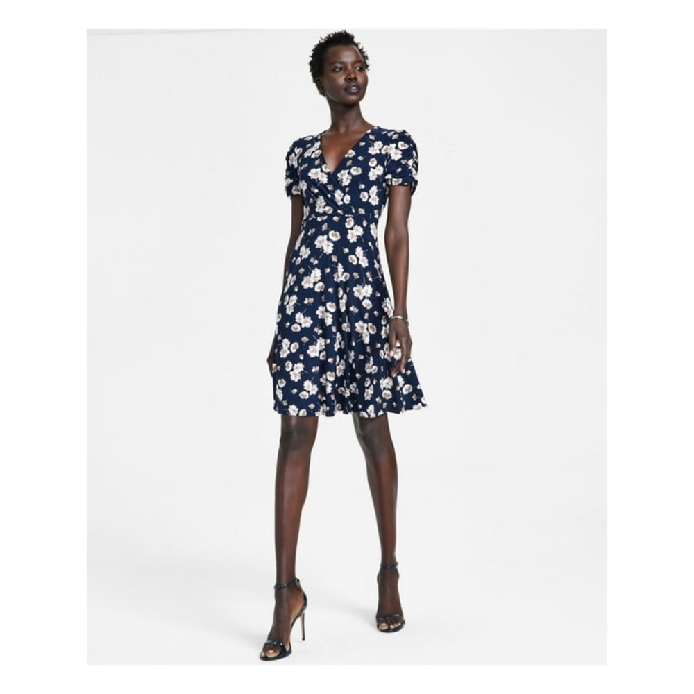 Tommy Hilfiger Cream and Blue Puff Sleeve Mini Dress